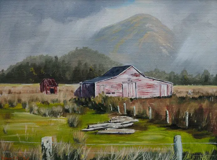MOFFATT, R - Woolshed with Hills Image 1++