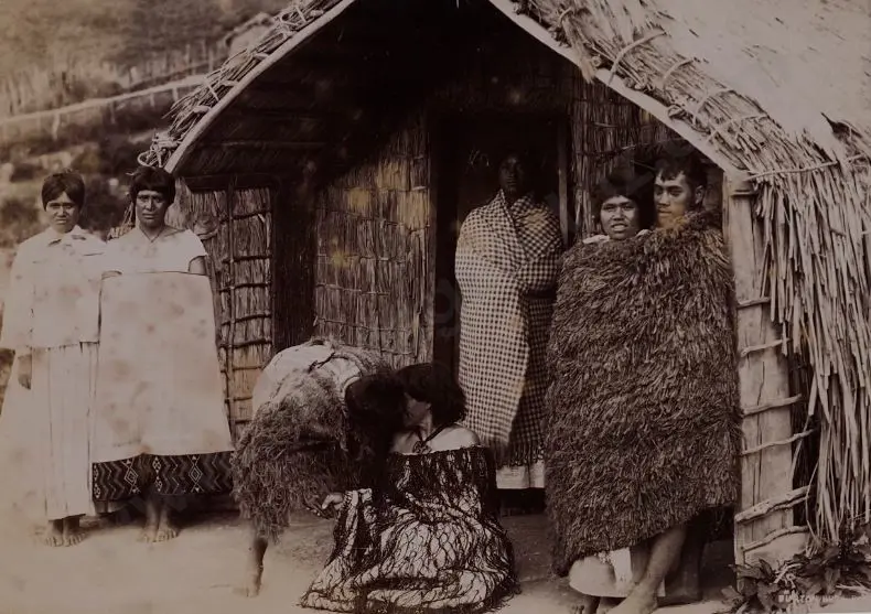 UNKNOWN Photographer - Group of Maori outside Whare late 19th Century Image 1++