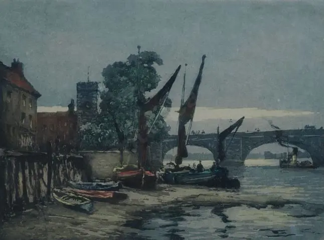 ROWBOTHAM, Claude (1864-1949) - River Scene with Boats - London, Old Chelsea Image 1++