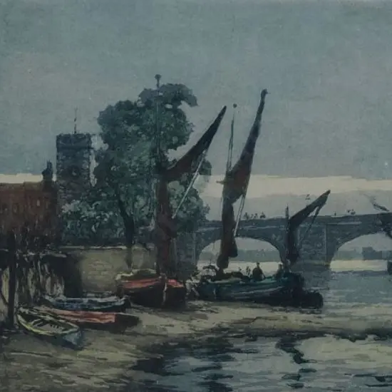ROWBOTHAM, Claude (1864-1949) - River Scene with Boats - London, Old Chelsea