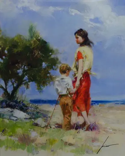 DAENI, Pino (1939-2010) - Sunset Stroll - Children by Tree and Sea Image 1++