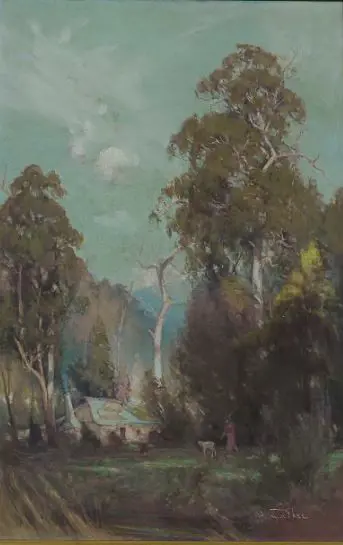 GHEE, Robert Edgar Taylor 1869-1951) - Australia - Gum Trees with Settler's Home Image 1++