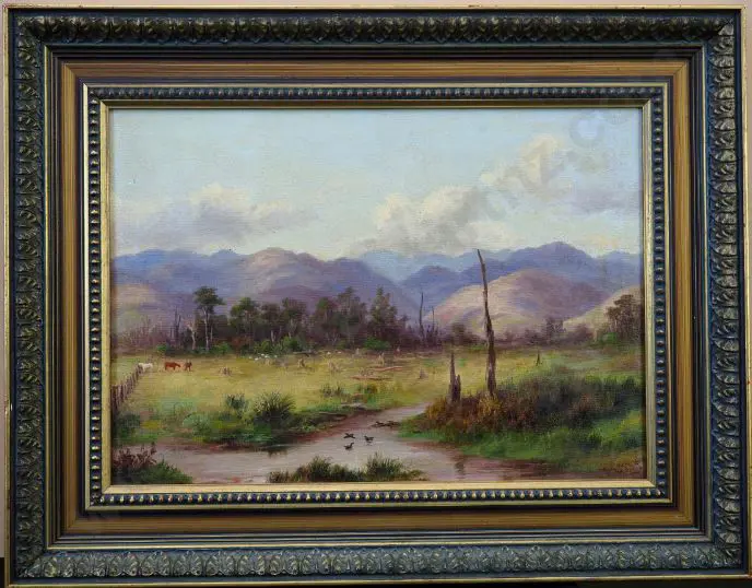 BAKER, William George (1864-1929) - Near Makarana - Country Scene with Hills, Cattle and Stream Image 1++