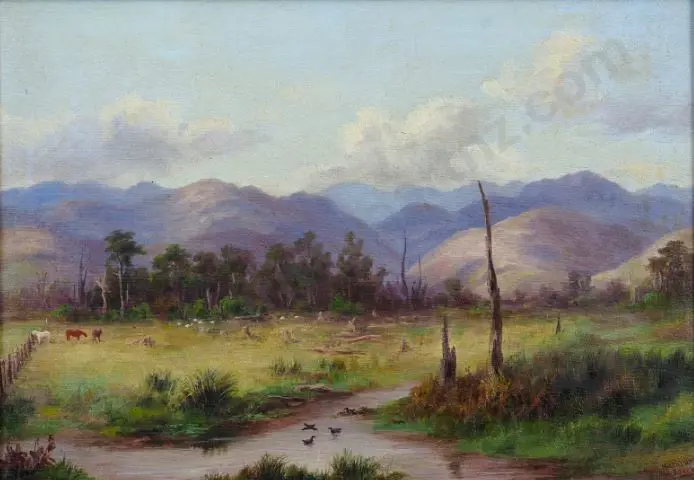 BAKER, William George (1864-1929) - Near Makarana - Country Scene with Hills, Cattle and Stream Image 1++