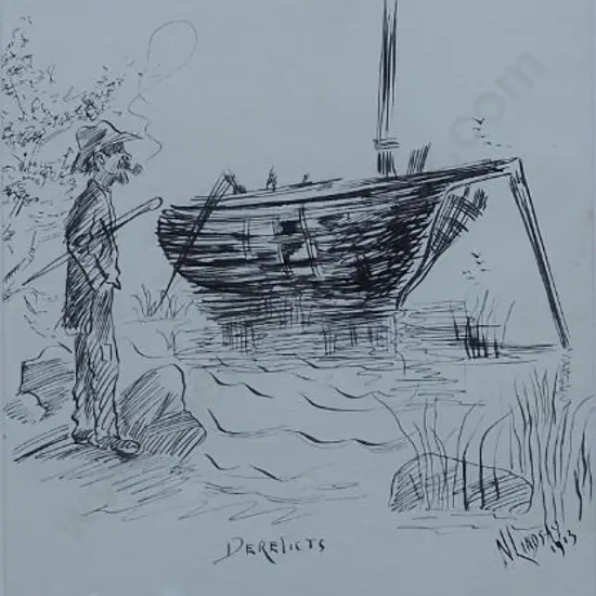 LINDSAY, Norman (1879-1969) - Derelicts (A Tramp in front of a Sunken Boat)