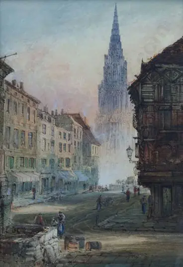 REVIL, E.R. - European Street Scene with Gothic Cathedral Image 1++