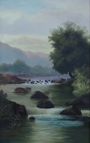 H.W. - Man Fishing in Mountain Stream Image 1++
