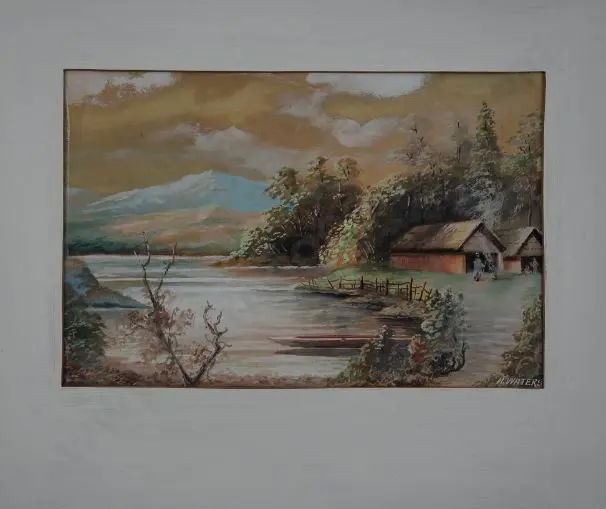 WATERS, H. (19th Cent.) - Whares on Edge of Lake with Canoe Image 1++