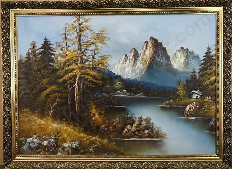 UNKNOWN - Mountain Scene, River and Cabin Image 1++