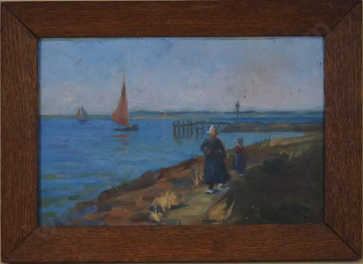 LINGARD, May (19th Cent.) - Lady & Child on Harbour Path (19th Cent. Continental Scene) Image 1++