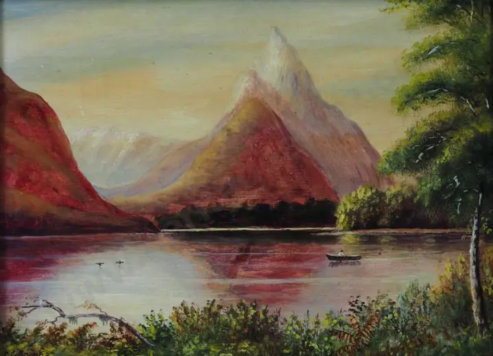 SPINK, George Gold (1889-1962) - Mitre Peak with Man in Boat Image 1++