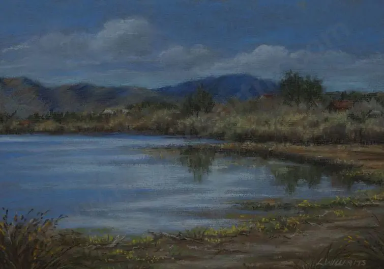 WILLIAMS, Lois - Lake with Whare Image 1++