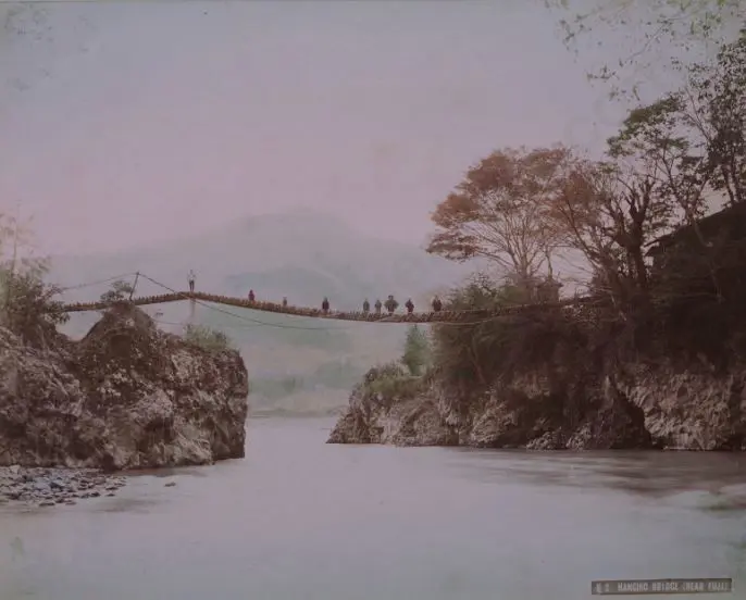 UNKNOWN - Hanging Bridge (near Fuji) - Handcoloured photo c.1880 Image 1++