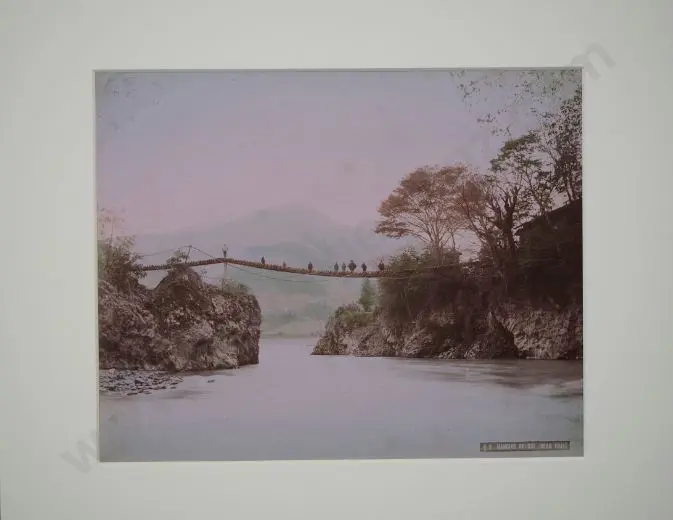 UNKNOWN - Hanging Bridge (near Fuji) - Handcoloured photo c.1880 Image 1++