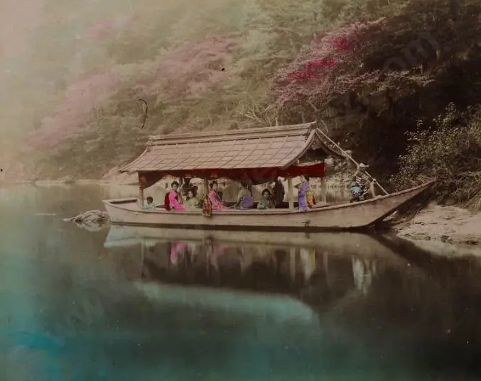 UNKNOWN - Boat with Group of Ladies - Handcoloured photo c.1880 Image 1++