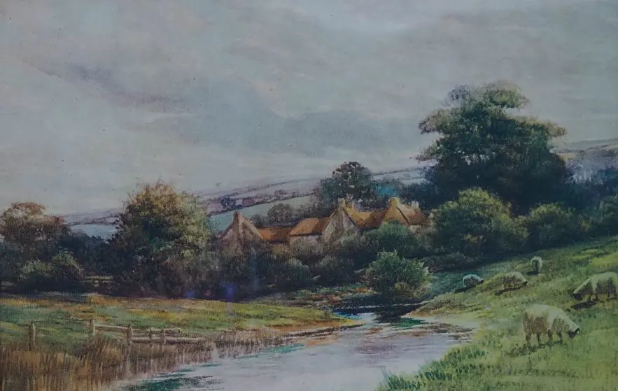 UNKNOWN - Landscape with Country Cottage & Sheep Image 1++