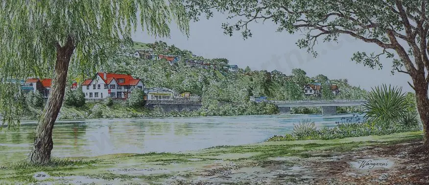 BATTARBEE, David - Wanganui, The River City, Showing the River & Red Lion Inn Image 1++