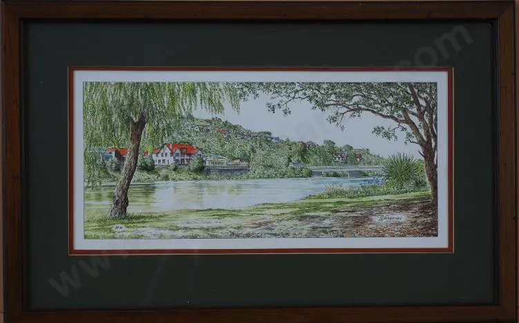 BATTARBEE, David - Wanganui, The River City, Showing the River & Red Lion Inn Image 1++