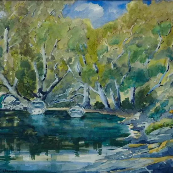 SPERRING, Thomas L. (c.1920s) - Lake's Edge with Boats and Trees