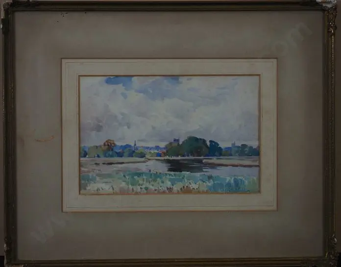 UNKNOWN - English Town Showing Castle, Church & River (19th Cent) Image 1++