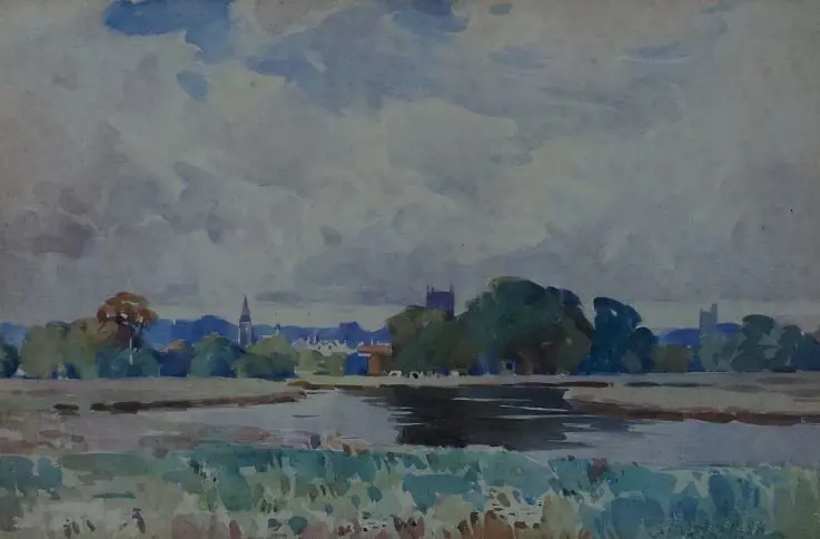 UNKNOWN - English Town Showing Castle, Church & River (19th Cent) Image 1++