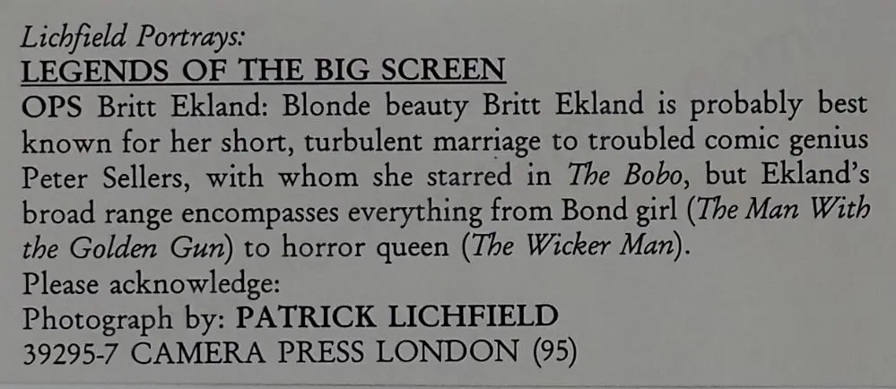 LICHFIELD, Patrick (Lord) - Britt Ekland, Actress (married to Peter Sellers) Image 1++
