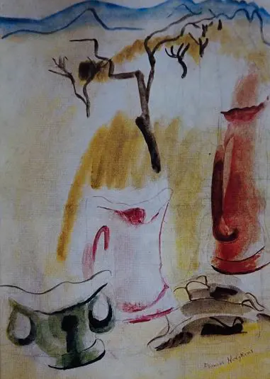 HODGKINS, Frances (1869-1947) - Arrangement of Jugs & Landscape, c.1937 Image 1++