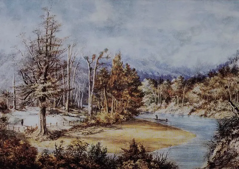 BARRAUD, Charles Decimus (1822-1897) - Hutt River with Maori Whare & Canoe, 1869 Image 1++