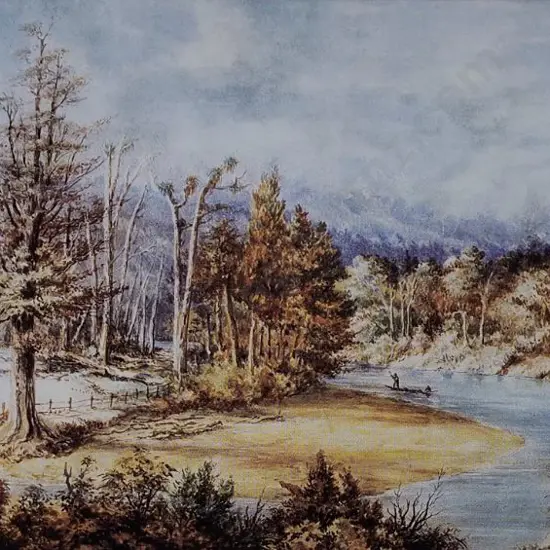 BARRAUD, Charles Decimus (1822-1897) - Hutt River with Maori Whare & Canoe, 1869