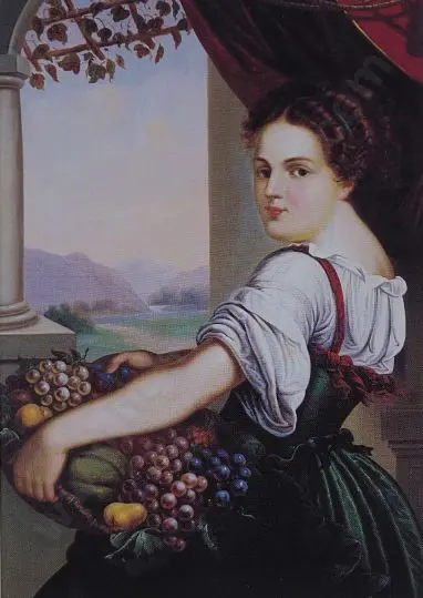 REISING, F  - Woman Holding Fruit Basket Image 1++