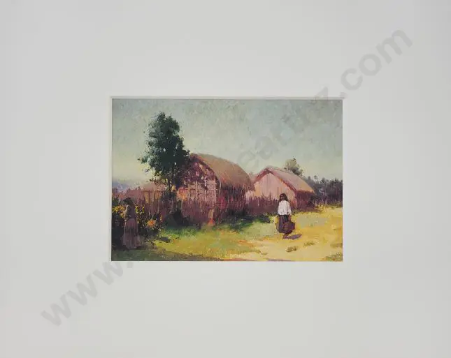 WRIGHT, Walter (1866-1933) - Maori Figures in Landscape with Whare c.1907 Image 1++