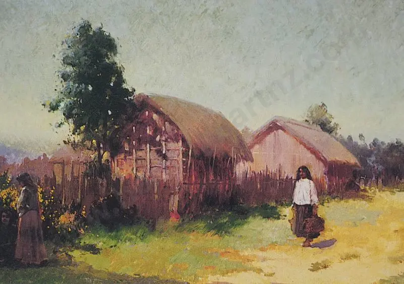 WRIGHT, Walter (1866-1933) - Maori Figures in Landscape with Whare c.1907 Image 1++