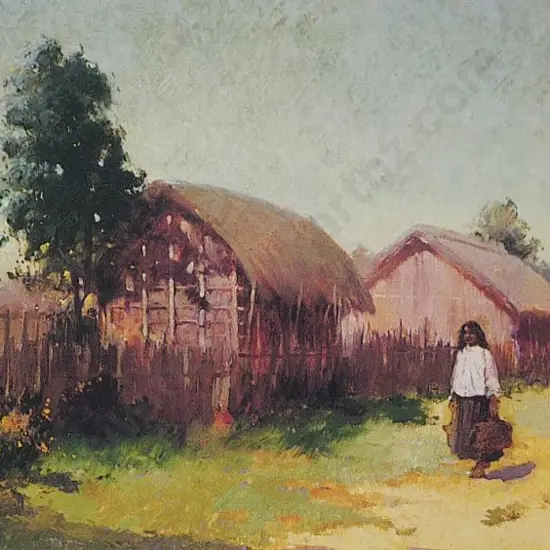 WRIGHT, Walter (1866-1933) - Maori Figures in Landscape with Whare c.1907