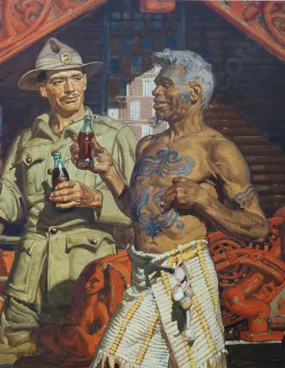 PROMOTING Prosperity - Ad from Book - Coca Cola Advertising WW2 - featuring Maori Warrior Image 1++