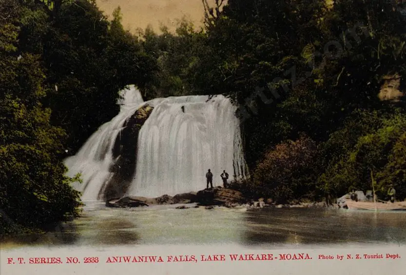 N.Z. Tourist Dept - Aniwaniwa Falls, Lake Waikaremoana, c.1900 Image 1++