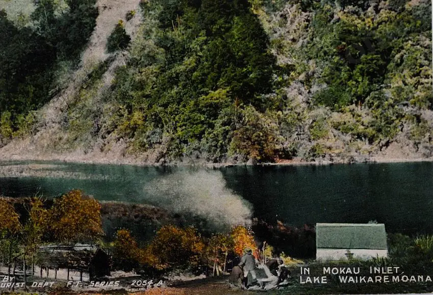 N.Z. Tourist Dept - In Mokau Inlet, Lake Waikaremoana, c.1900 Image 1++