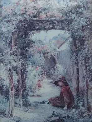 UNKNOWN Artist - Taking a Break - Small Girl Seated on Garden Path Image 1++