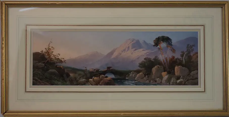 ROWBOTHAM, Thomas Charles (1823-1875) - After  - Mountains with river, Bridge & Cattle Crossing Image 1++