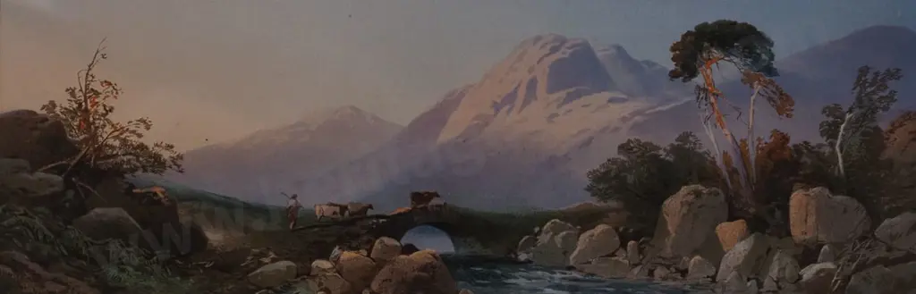 ROWBOTHAM, Thomas Charles (1823-1875) - After  - Mountains with river, Bridge & Cattle Crossing Image 1++