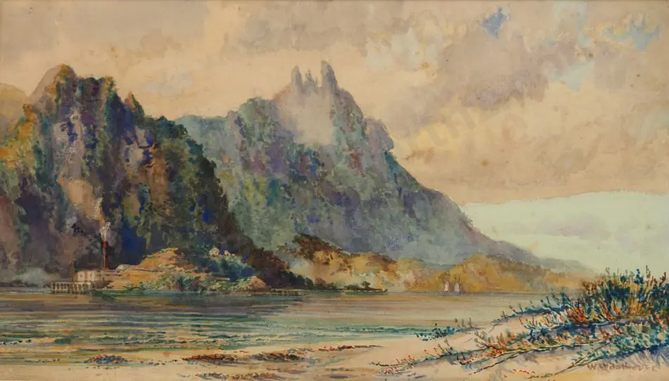 WOODHOUSE, William (1857-1939) - Whangarei Heads with Mt Manaia and the Old Freezing works Image 1++