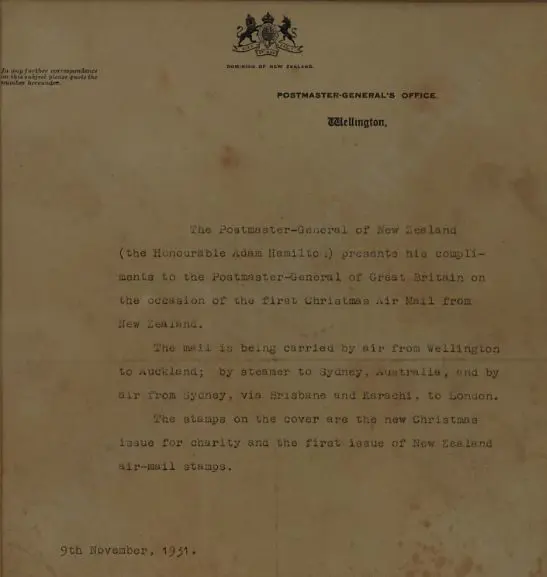 PHILATELY - AIRMAIL Envelope NZ - First Christmas Airmail NZ-UK - with letter from Postmaster General Image 1++