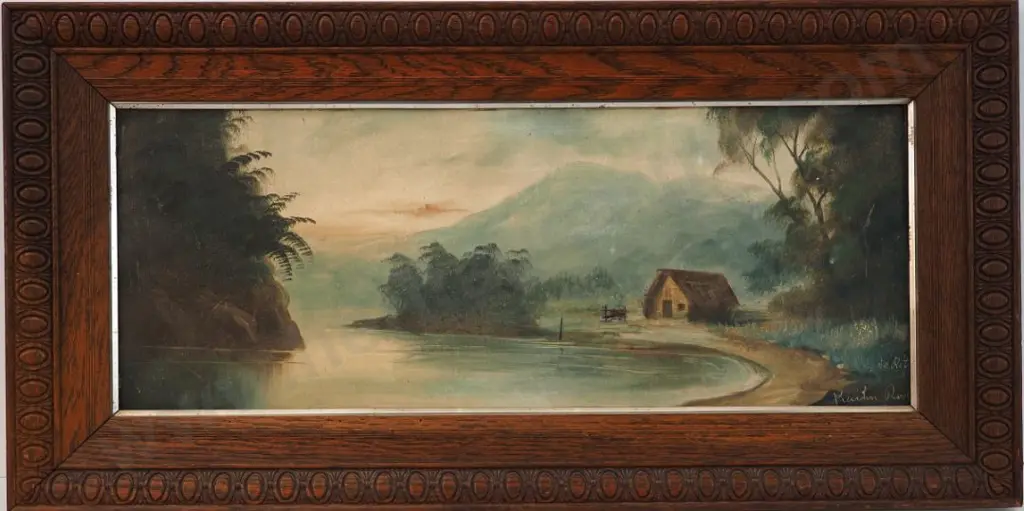 DE RITZ, George (1875-1953) - Kaihu River with Whare on bank Image 1++