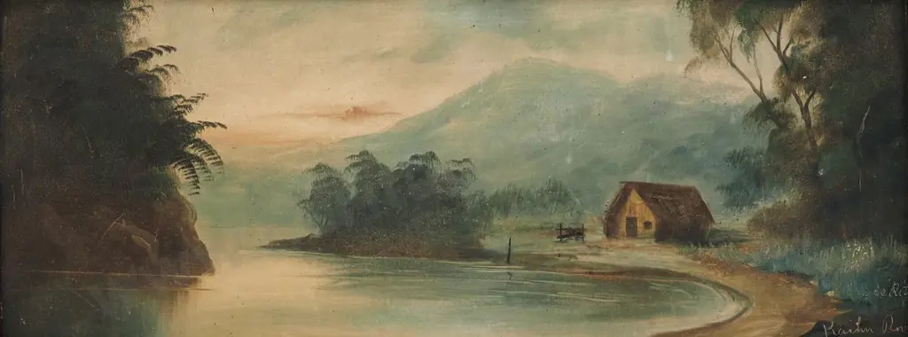 DE RITZ, George (1875-1953) - Kaihu River with Whare on bank Image 1++