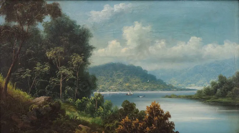 DELAWARR, Valentine (1852-1918) - Southern Lake with Boat & Gulls Image 1++