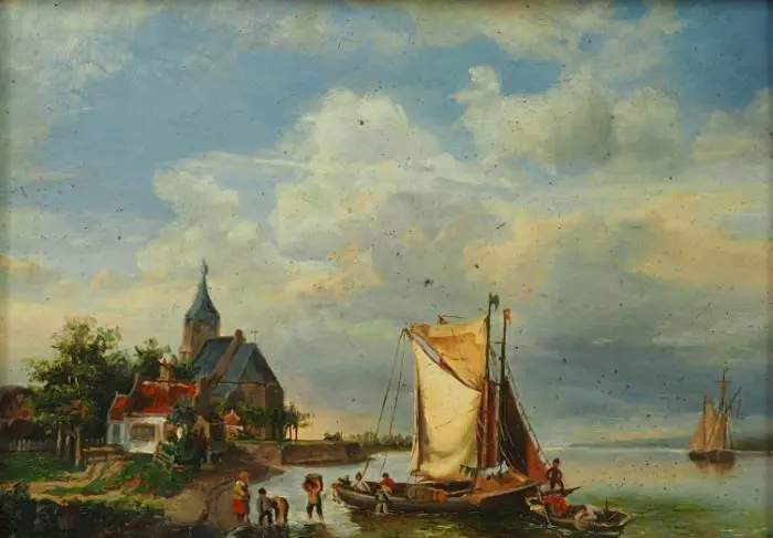 UNKNOWN - Sailing Boat in River Being Unloaded Image 1++