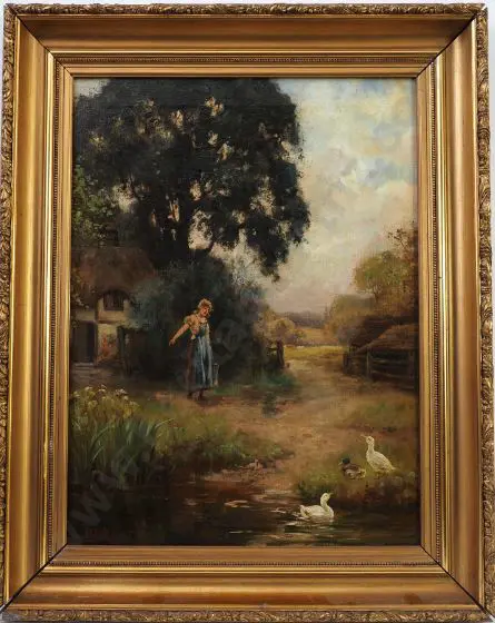 KING, Henry John Yeend (1855-1914) - Girl Feeding Ducks in Pond Image 1++