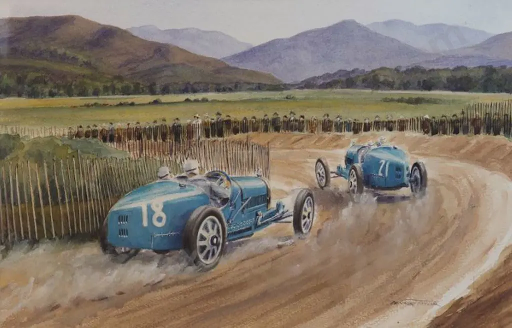 TAYLOR, Dennis (active 1950s) - 1925 French Grand Prix featuring De Vuizcaya Following Gamler, both in Bugattis Image 1++