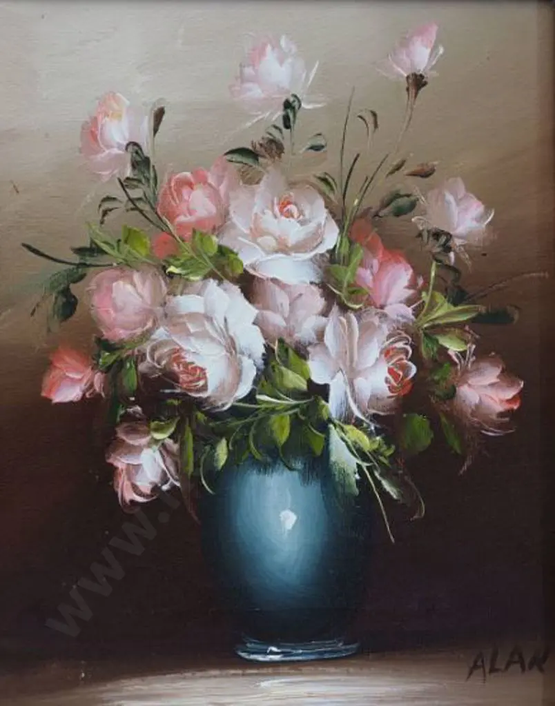 ALAN (Active 2000s) - White and Pink Roses in Vase Image 1++