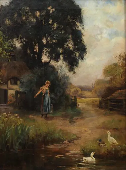 KING, Henry John Yeend (1855-1914) - Girl Feeding Ducks in Pond Image 1++