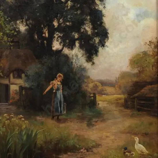 KING, Henry John Yeend (1855-1914) - Girl Feeding Ducks in Pond